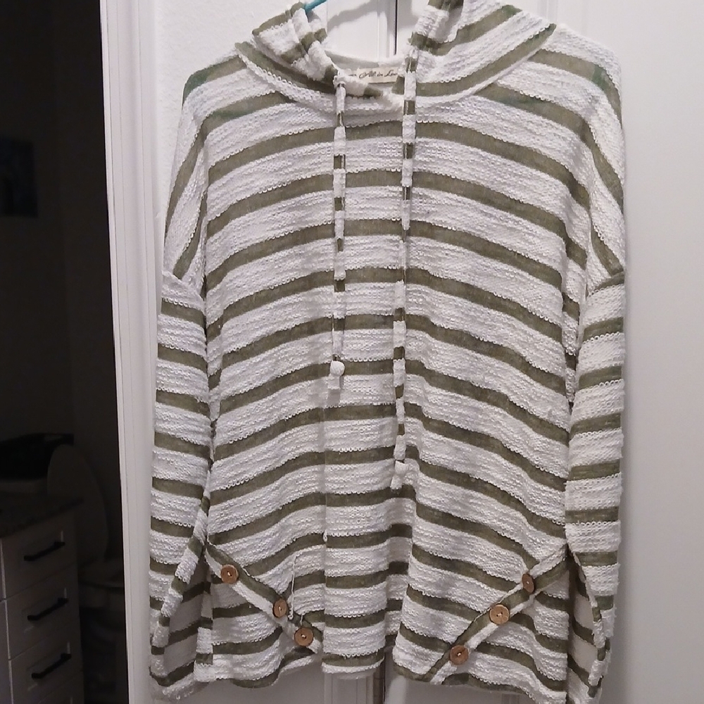 Striped Green and White Hooded Swim Coverup